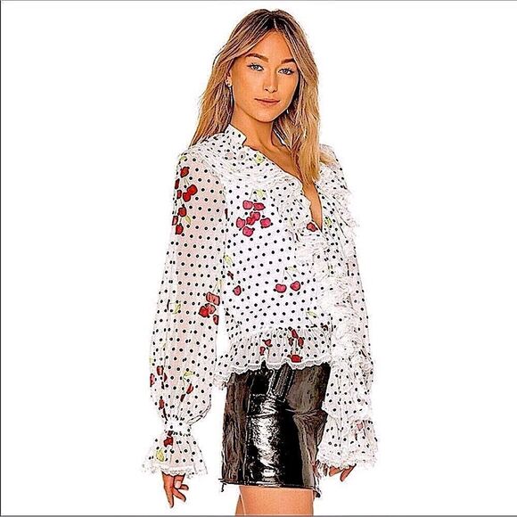 NBD Tops - Revolve NBD White Ruffle Blouse Maraschino Top in Cherry Dot NWOT S